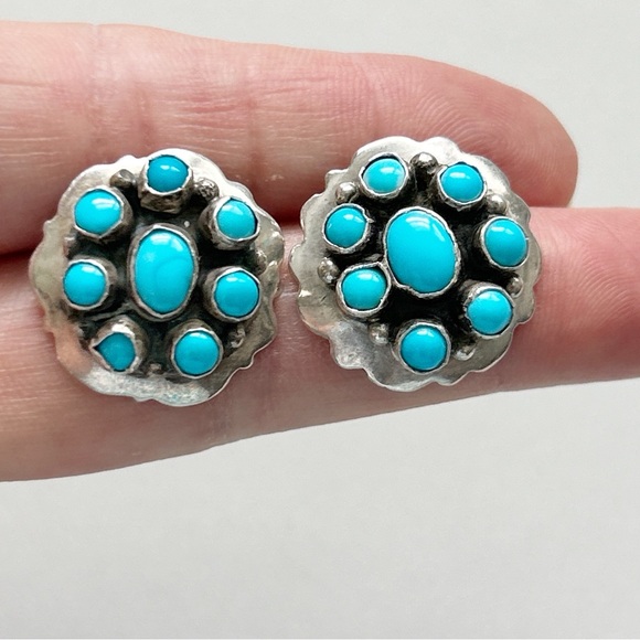 Vintage Southwestern Turquoise Cluster Sterling Silver Earrings